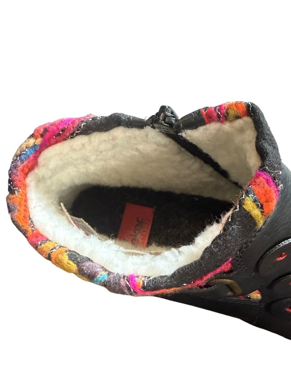 Rieker Black Leather Ankle Boots Faux Fur Lined Colorful Stitching US 11 NWT - Picture 11 of 13